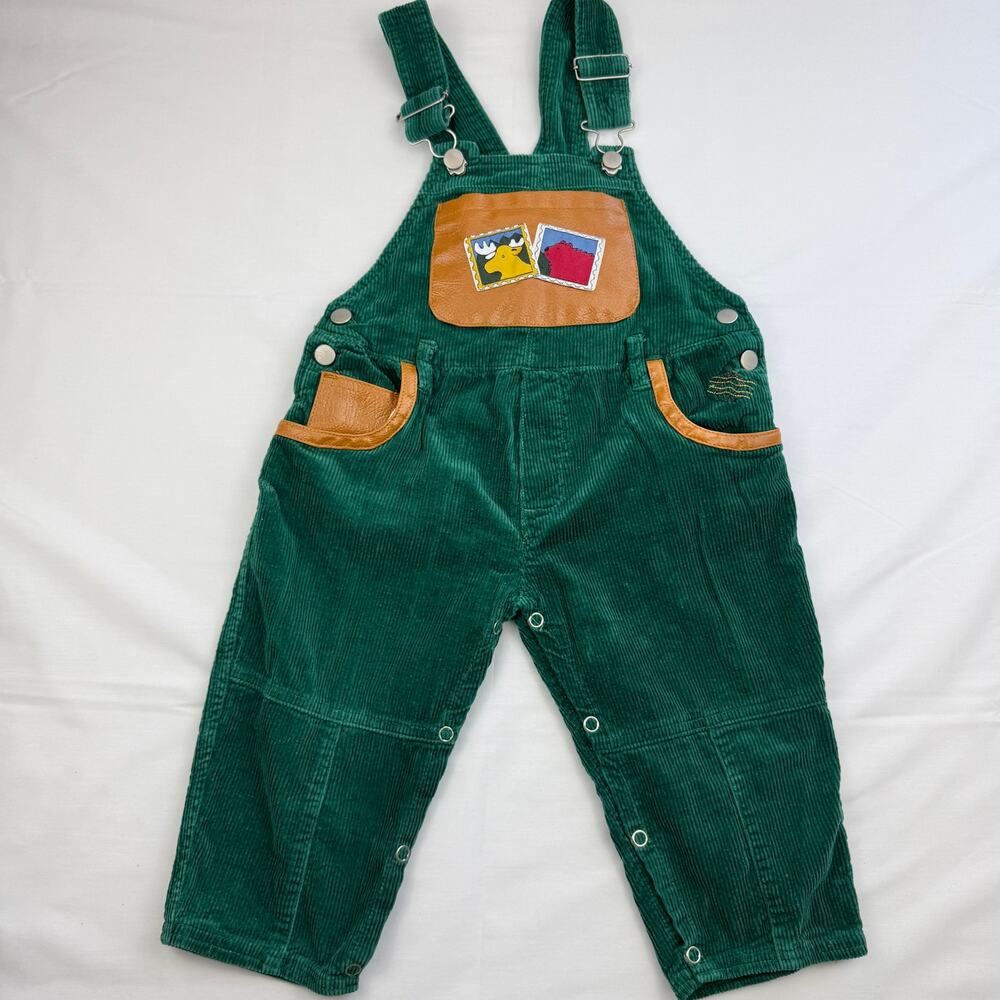 Vintage 90s Green Corduroy Overalls 18M Farm Animal Cottagecore Snap‎ Romper